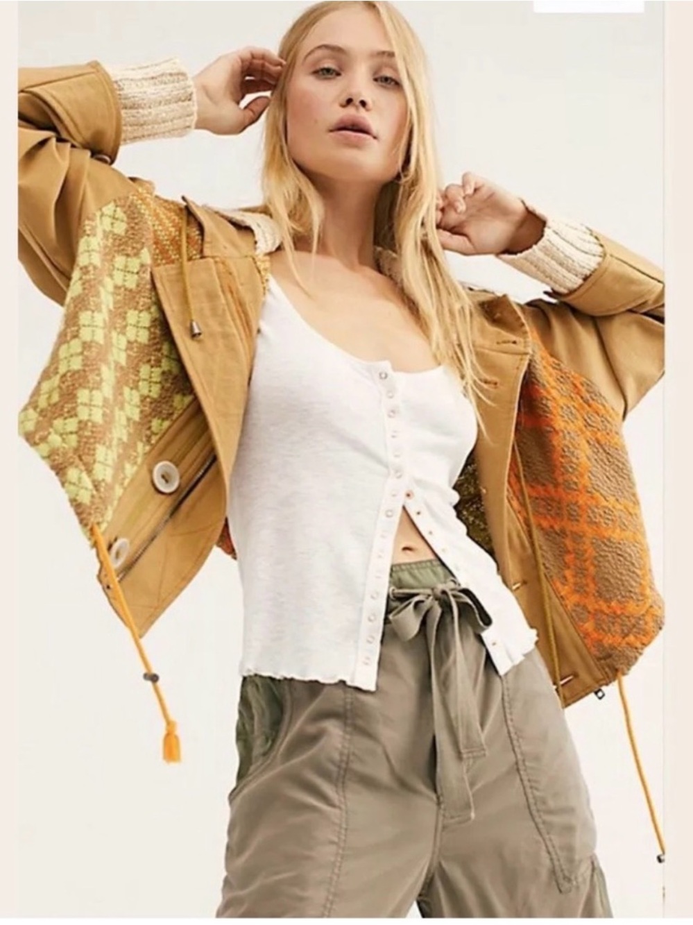 Free People Reno Tan Patchwork Hooded Bomber Jacket with Orange & Lime Panels